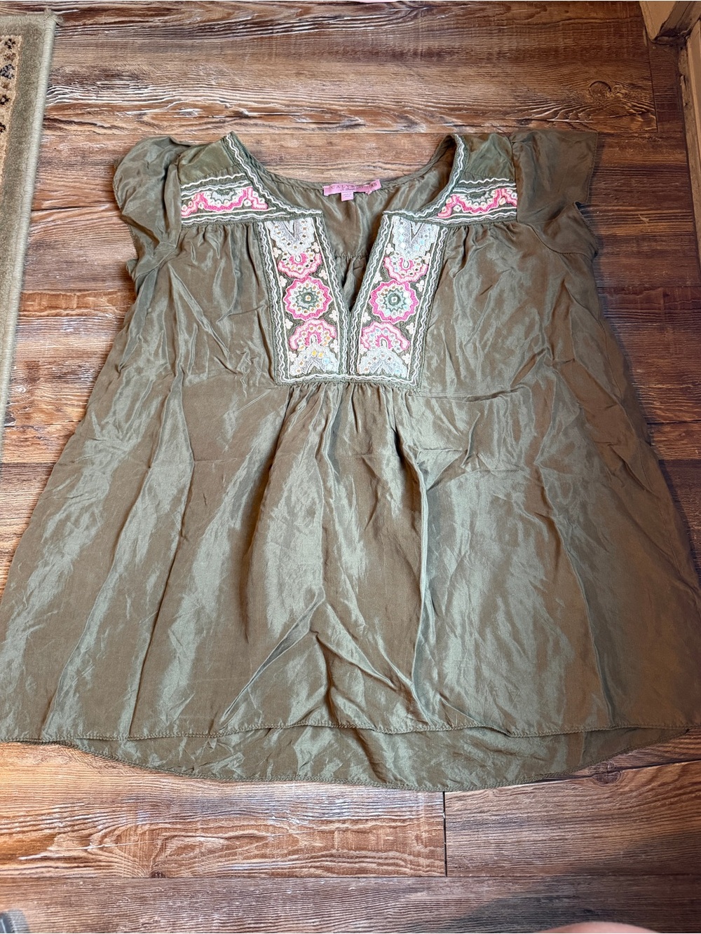 Calypso St. Barth Olive Tunic with Pink & Cream Embroidered